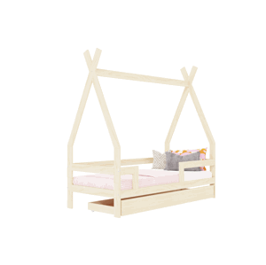 Benlemi Detská drevená posteľ SAFE 5v1 v tvare teepee so zábranou a úložným šuplíkom Zvoľte farbu: Nelakovaná, Zvoľte rozmer: 90x160 cm, Zvoľte zábra…