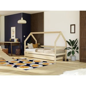 Benlemi Detská drevená posteľ domček SAFE 3v1 so zábranou a úložným šuplíkom Zvoľte farbu: Béžová, Zvoľte rozmer: 120x200 cm, Zvoľte zábranu: S otvor…