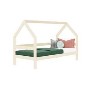 Benlemi Detská drevená posteľ domček SAFE 3v1 so zábranou Zvoľte farbu: Béžová, Zvoľte rozmer: 90x160 cm, Zvoľte zábranu: S otvoreným vstupom