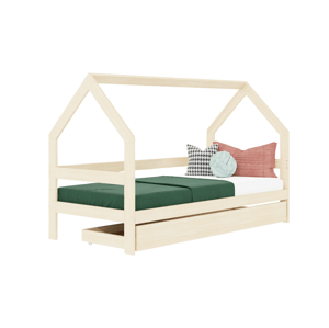 Benlemi Detská drevená posteľ domček SAFE 3v1 so zábranou a úložným šuplíkom Zvoľte farbu: Béžová, Zvoľte rozmer: 90x160 cm, Zvoľte zábranu: S otvore…