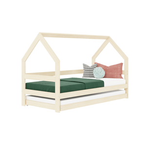 Benlemi Detská drevená posteľ domček SAFE 3v1 so zábranou a prístelkou Zvoľte farbu: Béžová, Zvoľte rozmer: 90x160 cm, Zvoľte zábranu: S otvoreným vs…