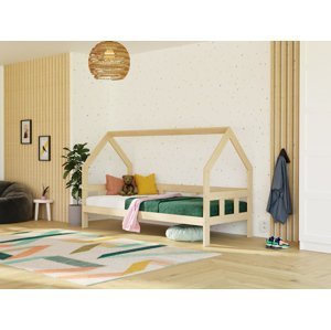 Benlemi Detská posteľ domček FENCE 2v1 z dreva so zábranou Zvoľte farbu: Béžová, Zvoľte rozmer: 120x200 cm, Zvoľte zábranu: S otvoreným vstupom