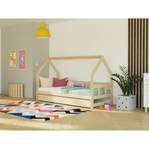 Benlemi Detská posteľ domček FENCE 2v1 z dreva so zábranou a úložným šuplíkom Zvoľte farbu: Tehlová, Zvoľte rozmer: 120x200 cm, Zvoľte zábranu: S otv…