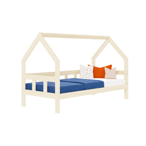 Benlemi Detská posteľ domček FENCE 2v1 z dreva so zábranou Zvoľte farbu: Béžová, Zvoľte rozmer: 90x160 cm, Zvoľte zábranu: S otvoreným vstupom