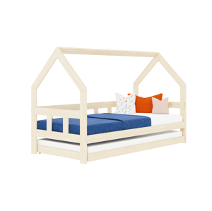 Benlemi Detská posteľ domček FENCE 2v1 z dreva so zábranou a prístelkou Zvoľte farbu: Béžová, Zvoľte rozmer: 90x160 cm, Zvoľte zábranu: S otvoreným v…