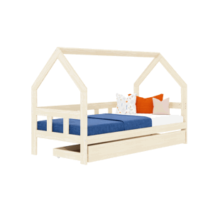 Benlemi Detská posteľ domček FENCE 2v1 z dreva so zábranou a úložným šuplíkom Zvoľte farbu: Transparentná vosková lazura matná, Zvoľte rozmer: 90x190…
