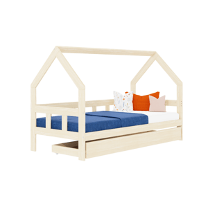 Benlemi Detská posteľ domček FENCE 2v1 z dreva so zábranou a úložným šuplíkom Zvoľte farbu: Nelakovaná, Zvoľte rozmer: 90x200 cm, Zvoľte zábranu: S o…