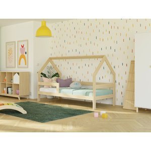 Benlemi Detská drevená posteľ domček SAFE 3v1 so zábranou Zvoľte farbu: Béžová, Zvoľte rozmer: 120x200 cm, Zvoľte zábranu: S jednou zábranou
