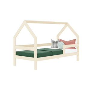 Benlemi Detská drevená posteľ domček SAFE 3v1 so zábranou Zvoľte farbu: Béžová, Zvoľte rozmer: 90x160 cm, Zvoľte zábranu: S jednou zábranou