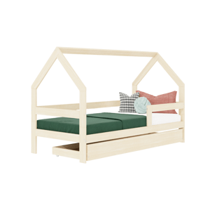 Benlemi Detská drevená posteľ domček SAFE 3v1 so zábranou a úložným šuplíkom Zvoľte farbu: Béžová, Zvoľte rozmer: 90x160 cm, Zvoľte zábranu: S jednou…
