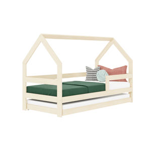 Benlemi Detská drevená posteľ domček SAFE 3v1 so zábranou a prístelkou Zvoľte farbu: Béžová, Zvoľte rozmer: 90x160 cm, Zvoľte zábranu: S jednou zábra…