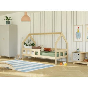Benlemi Detská posteľ domček FENCE 2v1 z dreva so zábranou Zvoľte farbu: Béžová, Zvoľte rozmer: 120x200 cm, Zvoľte zábranu: S jednou zábranou