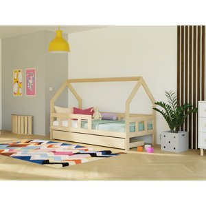 Benlemi Detská posteľ domček FENCE 2v1 z dreva so zábranou a úložným šuplíkom Zvoľte farbu: Tehlová, Zvoľte rozmer: 120x200 cm, Zvoľte zábranu: S jed…