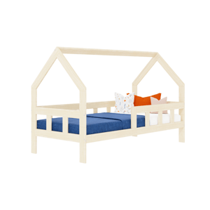 Benlemi Detská posteľ domček FENCE 2v1 z dreva so zábranou Zvoľte farbu: Béžová, Zvoľte rozmer: 90x160 cm, Zvoľte zábranu: S jednou zábranou