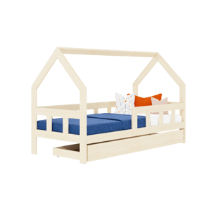 Benlemi Detská posteľ domček FENCE 2v1 z dreva so zábranou a úložným šuplíkom Zvoľte farbu: Béžová, Zvoľte rozmer: 90x160 cm, Zvoľte zábranu: S jedno…
