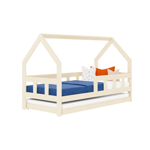 Benlemi Detská posteľ domček FENCE 2v1 z dreva so zábranou a prístelkou Zvoľte farbu: Béžová, Zvoľte rozmer: 90x160 cm, Zvoľte zábranu: S jednou zábr…