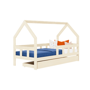 Benlemi Detská posteľ domček FENCE 2v1 z dreva so zábranou a úložným šuplíkom Zvoľte farbu: Šalviová zelená, Zvoľte rozmer: 90x180 cm, Zvoľte zábranu…