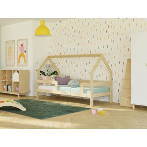 Benlemi Detská drevená posteľ domček SAFE 3v1 so zábranou Zvoľte farbu: Béžová, Zvoľte rozmer: 120x200 cm, Zvoľte zábranu: S dvoma zábranami