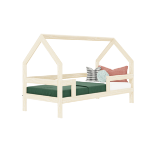 Benlemi Detská drevená posteľ domček SAFE 3v1 so zábranou Zvoľte farbu: Béžová, Zvoľte rozmer: 90x160 cm, Zvoľte zábranu: S dvoma zábranami