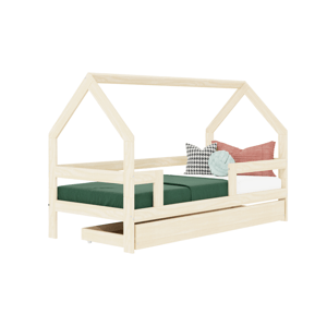 Benlemi Detská drevená posteľ domček SAFE 3v1 so zábranou a úložným šuplíkom Zvoľte farbu: Béžová, Zvoľte rozmer: 90x160 cm, Zvoľte zábranu: S dvoma …