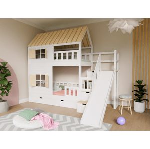 WoodPassion Domčeková poschodová posteľ CHALÚPKA so šmykľavkou a úložnými schodmi 90x200 cm Zvoľte farbu: Biela - Prírodná, Zvoľte šuplík: Prístelka …