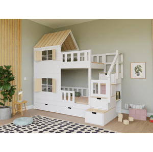 WoodPassion Poschodová posteľ CHALÚPKA s polovičnou strechou a úložnými schodmi 90x200 cm Zvoľte farbu: Biela - Prírodná, Zvoľte šuplík: Úložný šuplí…