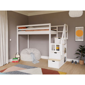 WoodPassion Zvýšená drevená posteľ POSCHODIE s úložnými schodmi 90x200 cm Zvoľte farbu: Biela, Strana: Vľavo
