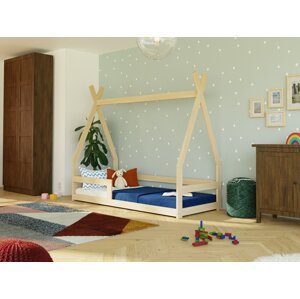 Benlemi Detská nízka posteľ SAFE 9v1 v tvare teepee so zábranou Zvoľte farbu: Nelakovaná, Zvoľte rozmer: 90x160 cm, Zvoľte zábranu: S jednou zábranou