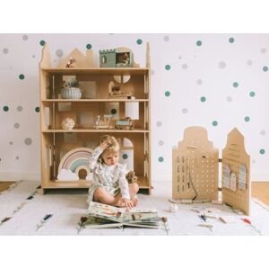 Myminihome Drevená knižnica 3v1 do detskej izby v tvare domčeka Zvoľte farbu polic: Nelakovaná, Zvoľte farbu stran: Nelakovaná