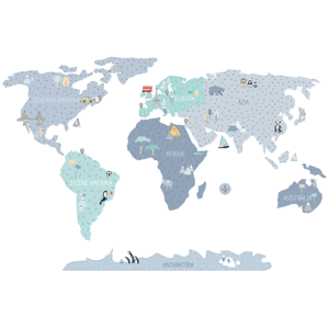 Pastelowe Love Detské nástenné samolepky MAPA SVETA modré Rozmer: L, Jazyk: Slovenský