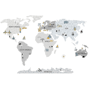 Pastelowe Love Detské nástenné samolepky MAPA SVETA šedé Rozmer: M, Jazyk: Anglický