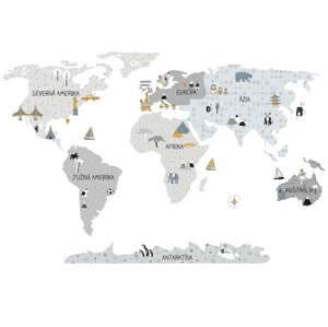 Pastelowe Love Detské nástenné samolepky MAPA SVETA šedé Rozmer: M, Jazyk: Slovenský