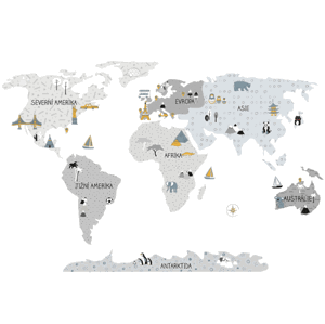 Pastelowe Love Detské nástenné samolepky MAPA SVETA šedé Rozmer: S, Jazyk: Český