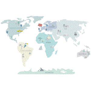 Pastelowe Love Detské nástenné samolepky MAPA SVETA mätové Rozmer: M, Jazyk: Slovenský
