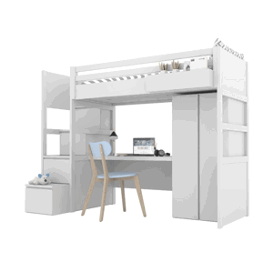 BAMI Biela vyvýšená posteľ SIMONE s úložnými schodmi, skriňou, písacím stolom a policou 90x200 cm Zvoľte stranu: Vľavo