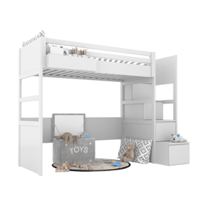 BAMI Biela vyvýšená posteľ SIMONE s úložnými schodmi a policou 90x200 cm Zvoľte stranu: Vpravo