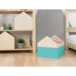 Benlemi Drevený úložný box HOUSE v tvare domčeka Zvoľte farbu: Tyrkysová, pololakovaná