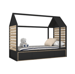 BAMI Detské drevené jednolôžko domček s úložným priestorom TUTU 90x200 cm Zvoľte farbu: Čierna, dub sonoma