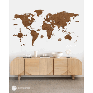Nástenná drevená mapa sveta 3D, ručne vyrábaná, 150x75cm orech