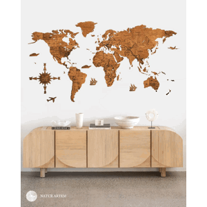 Nástenná drevená mapa sveta 3D, ručne vyrábaná, 300x150cm gaštan