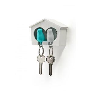 Nástenný držiak s kľúčenkami Qualy Duo Sparrow, biela búdka / biela + modrá kľúčenka