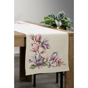 Gobelínový behúň na stôl so vzorom kvetov magnólie naturálny 45x140