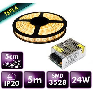 LED pásik - SMD 2835 - 5m - 60LED/m - 4,8 W/m - IP20 - teplá biela + zdroj
