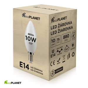 LED žiarovka - ecoPLANET - E14 - 10W - sviečka - 880Lm - studená biela