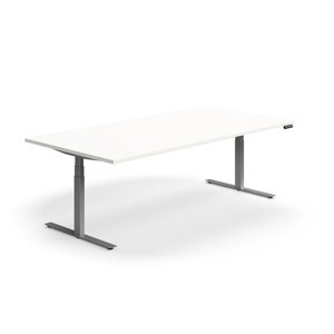 Výškovo nastaviteľný rokovací stôl QBUS, obdĺžnik, 2400x1200 mm, strieborný rám, biela