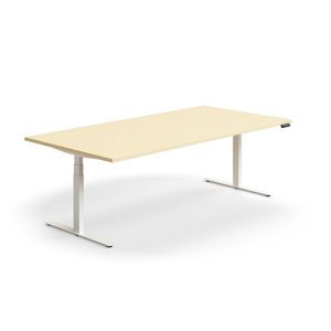 Výškovo nastaviteľný rokovací stôl QBUS, obdĺžnik, 2400x1200 mm, biely rám, breza