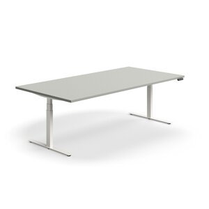 Výškovo nastaviteľný rokovací stôl QBUS, obdĺžnik, 2400x1200 mm, biely rám, svetlošedá