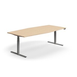 Výškovo nastaviteľný rokovací stôl QBUS, ovál, 2400x1200 mm, stieborný rám, dub