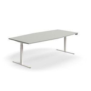 Výškovo nastaviteľný rokovací stôl QBUS, ovál, 2400x1200 mm, biely rám, svetlošedá
