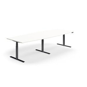 Výškovo nastaviteľný rokovací stôl QBUS, ovál, 3200x1200 mm, čierny rám, biela